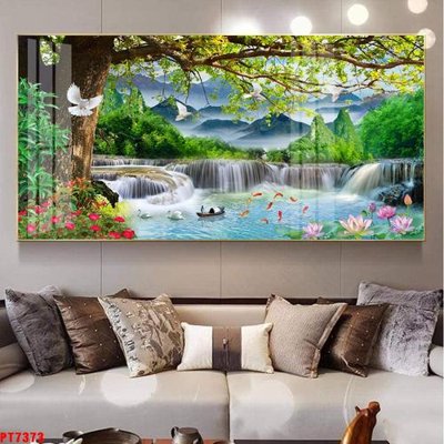 Download file gốc Tranh sơn thủy thác nước PT7373 (in lụa) tranh 3D