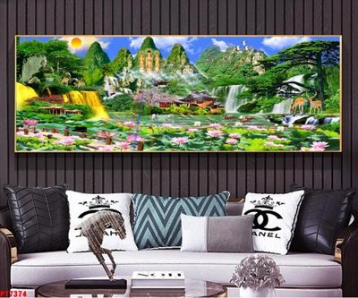 File tranh Tranh sơn thủy thác nước PT7374 (file gốc) chuẩn màu in