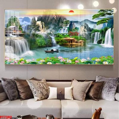 Hình ảnh file gốc in lụa Tranh sơn thủy thác nước PT7382
