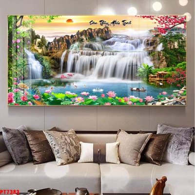 File gốc Tranh sơn thủy thác nước PT7383 (in tráng gương) hiện đại