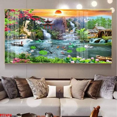 File tranh Tranh sơn thủy thác nước PT7424 (bản gốc) in lụa 3D