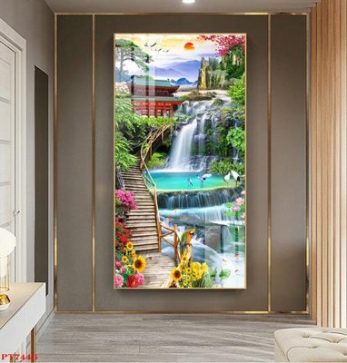 File gốc in tráng gương Tranh sơn thủy thác nước PT7446 chi tiết