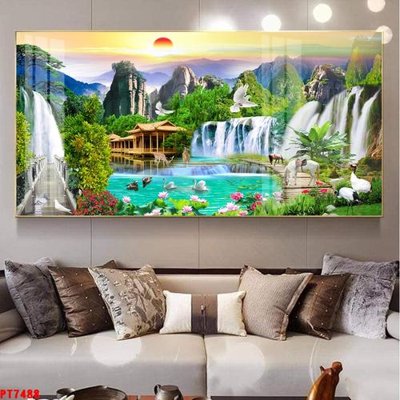 File tranh Tranh sơn thủy thác nước PT7488 (ảnh gốc) in trần 3D