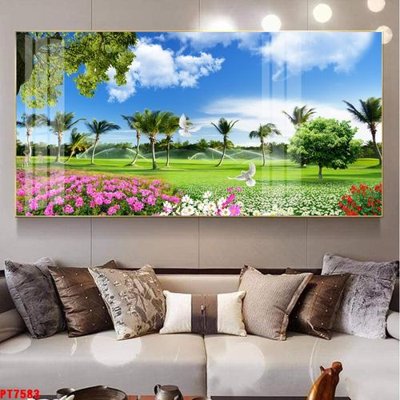 File tranh gốc in trần nhà Tranh sơn thủy thác nước PT7583 3D