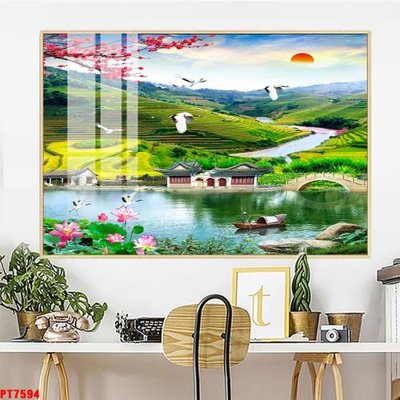 File in trần Tranh sơn thủy thác nước PT7594 (bản gốc 3D) sống động