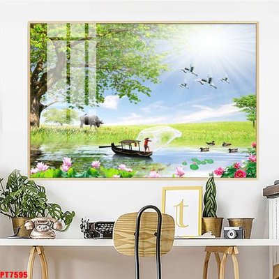 File in ấn Tranh sơn thủy thác nước PT7595 chuyên nghiệp