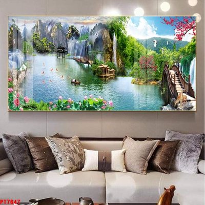 File gốc in tráng gương Tranh sơn thủy thác nước PT7647 chi tiết
