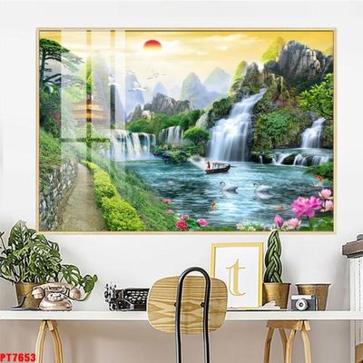 File tranh Tranh sơn thủy thác nước PT7653 (gốc) in backlit film