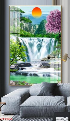 Hình ảnh file gốc in lụa Tranh sơn thủy thác nước PT7663