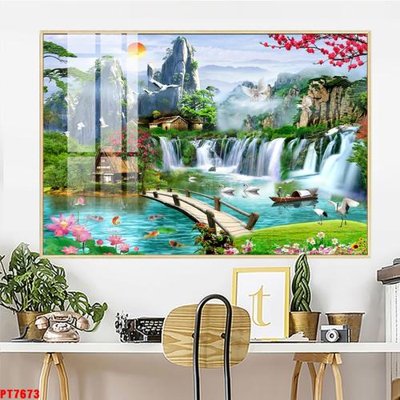 Download file gốc Tranh sơn thủy thác nước PT7673 (in lụa) cao cấp