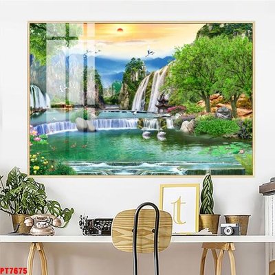 File in ấn chuyên nghiệp Tranh sơn thủy thác nước PT7675 (file gốc)