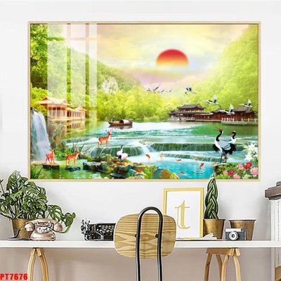 File tranh in trần Tranh sơn thủy thác nước PT7676 (ảnh gốc siêu nét)