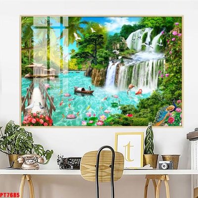 Ảnh mô tả file gốc in mica Tranh sơn thủy thác nước PT7685