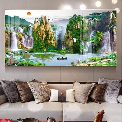 File gốc in tráng gương Tranh sơn thủy thác nước PT7694 chi tiết