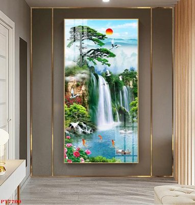 File gốc Tranh sơn thủy thác nước PT7709 (in lụa) chi tiết cao