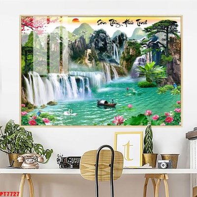 File tranh gốc PSD Tranh sơn thủy thác nước PT7727 còn nguyên layer
