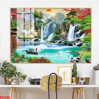 File tranh Tranh sơn thủy thác nước PT7756 (bản gốc) treo tường