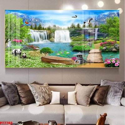 File tranh Tranh sơn thủy thác nước PT7762 (bản gốc) in lụa dán tường