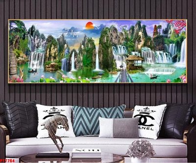 File gốc Tranh sơn thủy thác nước PT7764 (in lụa) tranh thuận buồm