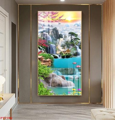 File gốc Tranh sơn thủy thác nước PT7782 (in lụa) tranh mã đáo