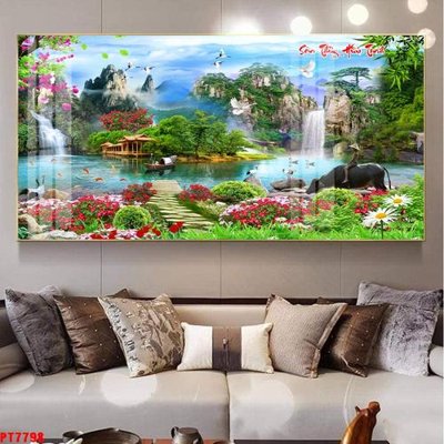 File gốc Tranh sơn thủy thác nước PT7798 (in lụa) trang trí tường