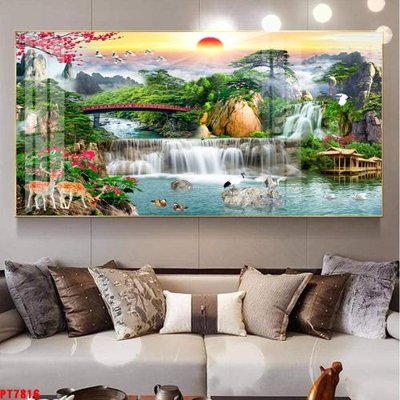 File in trần Tranh sơn thủy thác nước PT7816 (file gốc) phong thủy