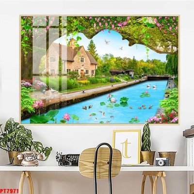 File gốc Tranh sơn thủy thác nước PT7971 (in lụa) cao cấp