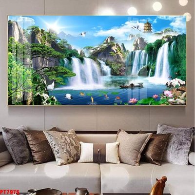 File ảnh Tranh sơn thủy thác nước PT7975 (gốc) in backdrop sự kiện