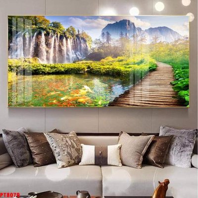 File tranh Tranh sơn thủy thác nước PT8079 (gốc) in trên kính