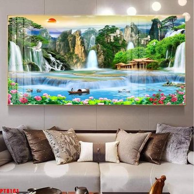 File tranh Tranh sơn thủy thác nước PT8161 (bản gốc) in lụa 5D