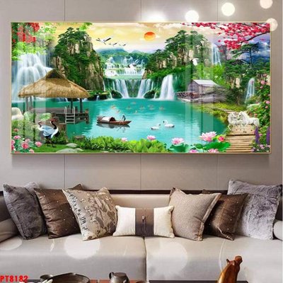 File gốc Tranh sơn thủy thác nước PT8182 (in lụa) tranh thuận buồm