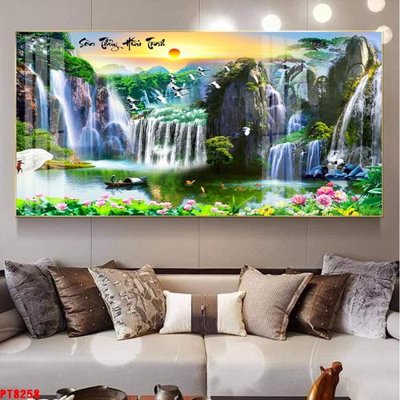 Tải file Tranh sơn thủy thác nước PT8258 (gốc) chủ đề hoa sen