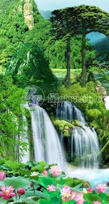 File in lụa File phong thủy đứng thác nước PTD2035 (phong cảnh) File phong thủy đứng thác nước PTD2035