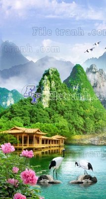 File tranh File phong thủy đứng thác nước PTD2089 (bản gốc) in lụa 5D