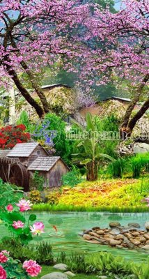 File tranh in trần 3D File phong thủy đứng thác nước PTD2095 (ảnh gốc)