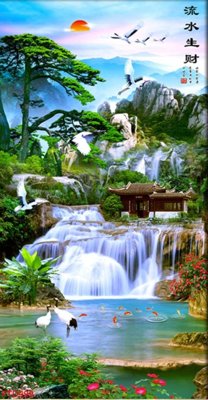 File tranh gốc in trần nhà File phong thủy đứng thác nước PTD499 3D