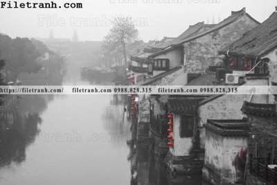 File in lụa Phong canh toa nha co Zhang Jiangnan 143 (hoa văn) Phong canh toa nha co Zhang Jiangnan 143