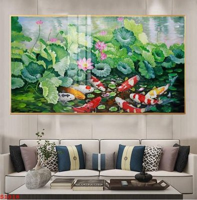 File gốc Tranh cửu ngư quần hội sen cá S1018 (in lụa) tranh mã đáo