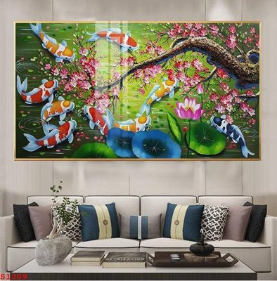 File in trần Tranh cửu ngư quần hội sen cá S1209 (bản gốc 3D) sống động