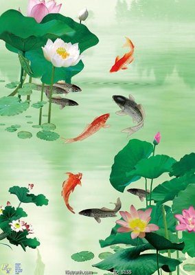 Download file gốc Tranh cửu ngư quần hội sen cá S155 (in lụa) hoa lá
