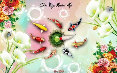 Download file gốc Tranh cửu ngư quần hội sen cá S204 (in lụa) hoa lá