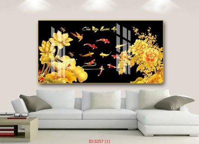 File ảnh Tranh cửu ngư quần hội sen cá S257 (gốc) in decal dán tường