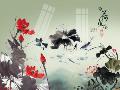 File in trần Tranh hoa sen cá cửu ngư quần hội S3056 (bản gốc) mây trời