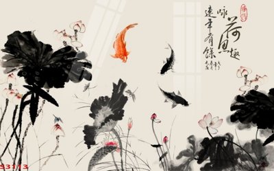 File gốc in mica Tranh hoa sen cá cửu ngư quần hội S3113 chất lượng