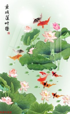 File in lụa Tranh hoa sen cá cửu ngư quần hội S3122 (phong cảnh) Tranh hoa sen cá cửu ngư quần hội S3122