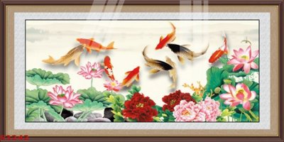 File gốc in ấn Tranh hoa sen cá cửu ngư quần hội S3242 chuẩn màu CMYK