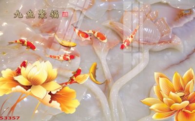 File gốc Tranh hoa sen cá cửu ngư quần hội S3357 (in lụa) họa tiết 3D