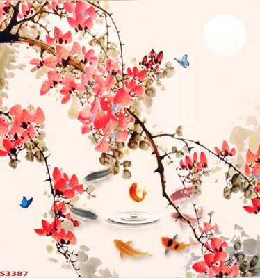 File tranh Tranh hoa sen cá cửu ngư quần hội S3387 (gốc) phong cách tối giản