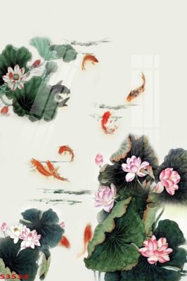 Download file gốc Tranh hoa sen cá cửu ngư quần hội S3534 (in lụa) tranh 3D