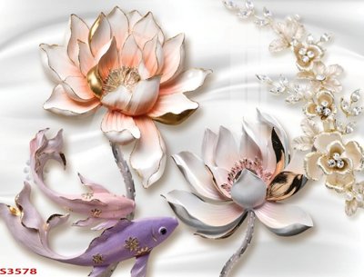 Download file gốc Tranh hoa sen cá cửu ngư quần hội S3578 (in lụa) hoa lá